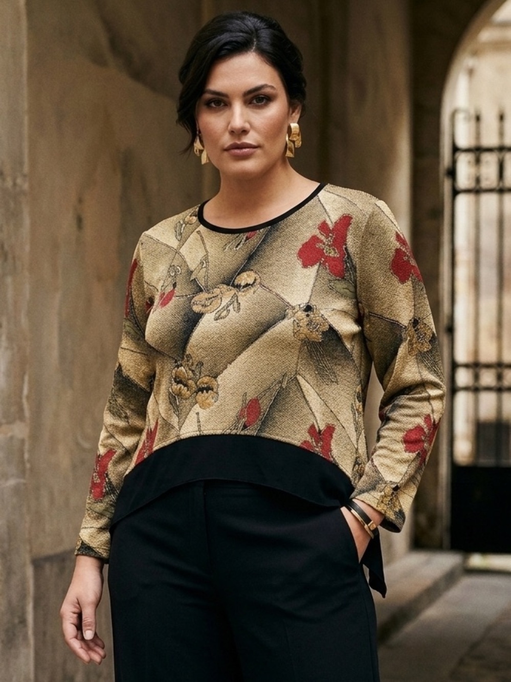 Joseph Ribkoff Vintage Floral Metallic Knit Top in Gold and Red - Size 14